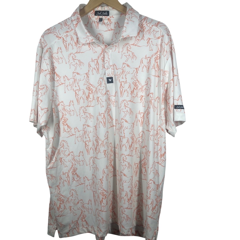 Bad Birdie Mens 2XL Horse Print Golf Polo Shirt White Coral Short Sleeve